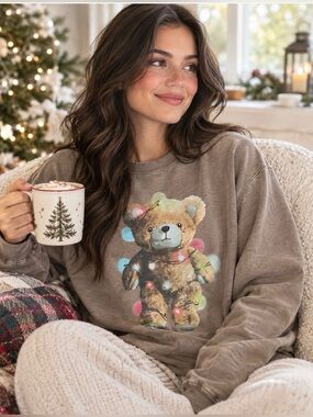 Tunic style holiday teddy bear lights sweatshirt long sleeve shirt